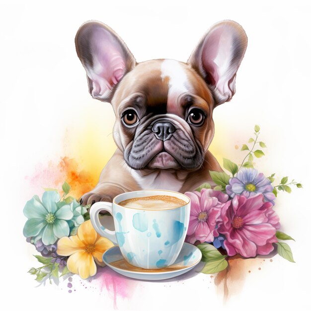 há um cão que está sentado ao lado de uma xícara de café generativo ai