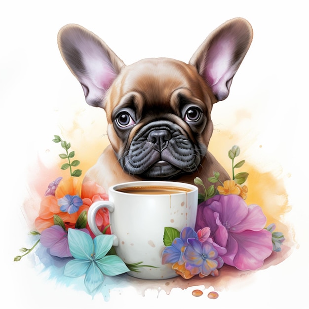 há um cão que está sentado ao lado de uma xícara de café generativo ai