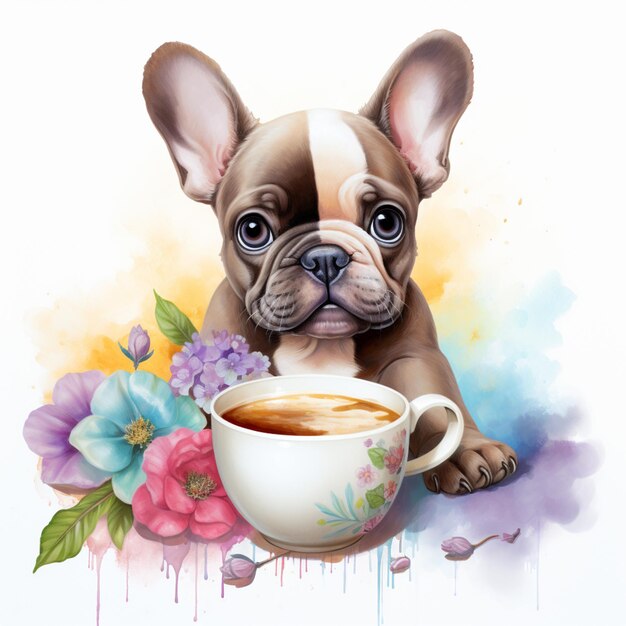 há um cão que está sentado ao lado de uma xícara de café generativo ai