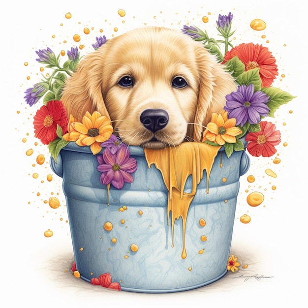 Foto há um cão que está sentado em uma panela com flores generativo ai