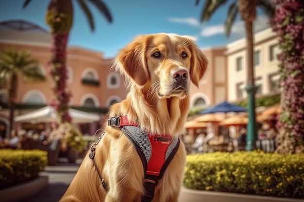 Há um cão que está sentado na calçada em frente a um edifício generativo ai