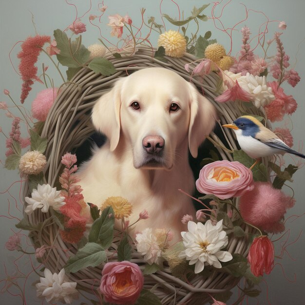 Há um cão sentado em uma cesta com flores e pássaros generativos ai