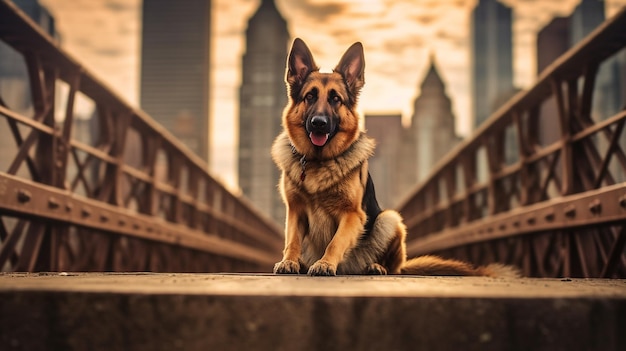 Há um cão sentado numa ponte com uma cidade ao fundo.