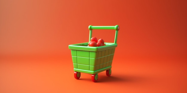 Há um carrinho de compras verde com maçãs em um fundo laranja generativo ai
