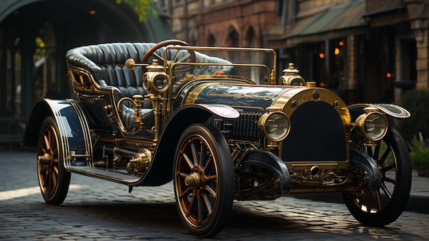 Foto há um carro dourado estacionado na rua.