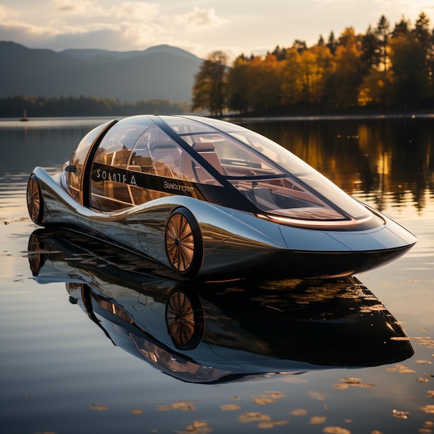 Foto há um carro futurista que está flutuando na água gerador ai