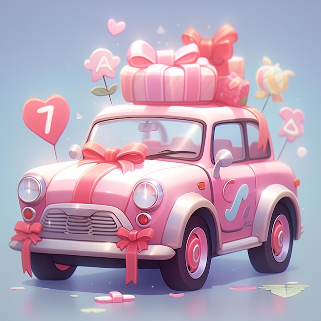 Há um carro rosa com muitos balões e um coração gerador de AI