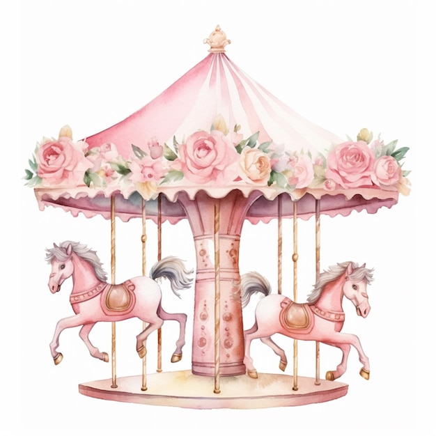 há um carrossel rosa com cavalos e flores generativo ai
