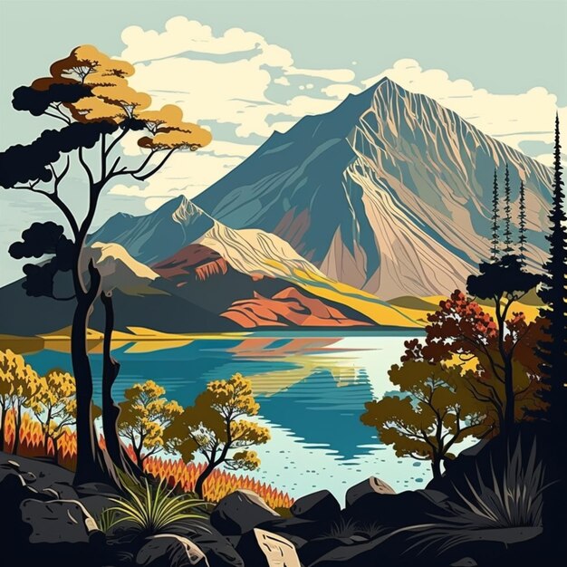 Foto há um cartaz de um lago de montanha e árvores generativas ai