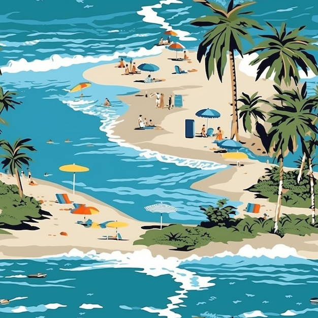 Há um cartaz de uma praia com palmeiras e pessoas generativas ai