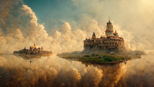 há um castelo no meio de um lago cercado por nuvens generativas ai