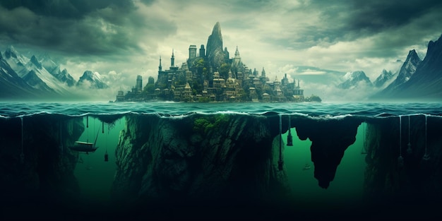 Foto há um castelo numa ilha flutuante no meio do oceano.