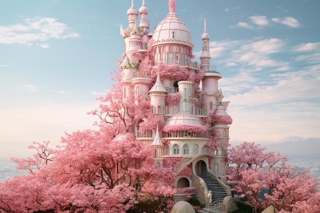 Há um castelo rosa com uma escada que leva a ele.