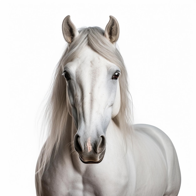 Foto há um cavalo branco com cabelo comprido parado na frente de um fundo branco generativo ai