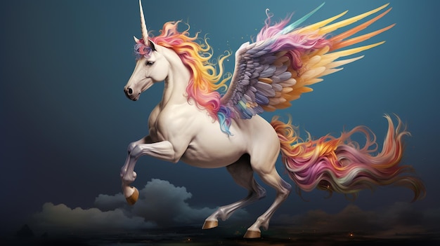 há um cavalo branco com cabelos coloridos e asas sobre ele generativo ai