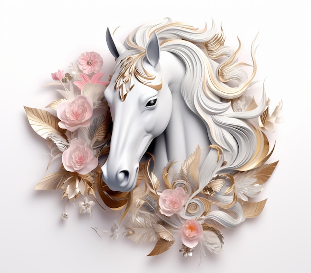 há um cavalo branco com folhas e flores douradas ai generativo