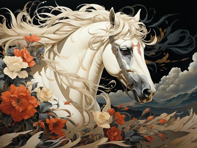 há um cavalo branco com longa crina e flores sobre ele generativo ai