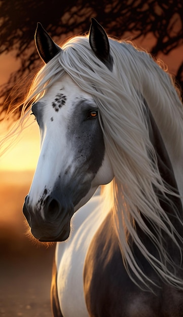 Há um cavalo branco com manchas pretas na cara.