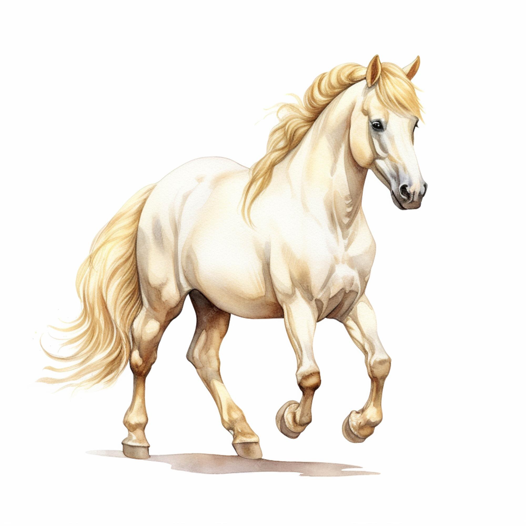 Há um cavalo branco com cabelo comprido parado na frente de um fundo branco  generativo ai