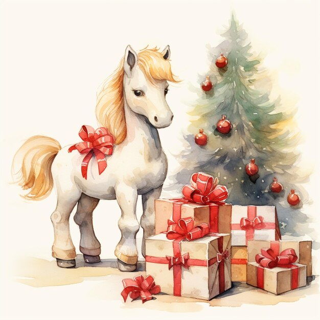 Há um cavalo branco de pé ao lado de uma árvore de Natal generativa ai