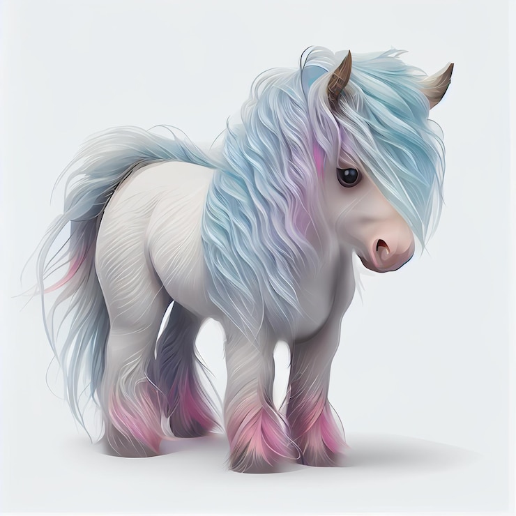 Foto há um cavalo branco e azul com uma crina rosa generativa ai