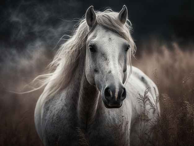 Há um cavalo branco parado em um campo de grama alta generativa ai