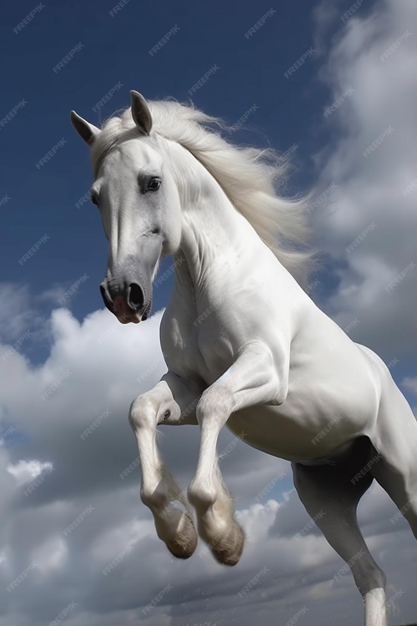 Um cavalo branco está pulando uma cerca