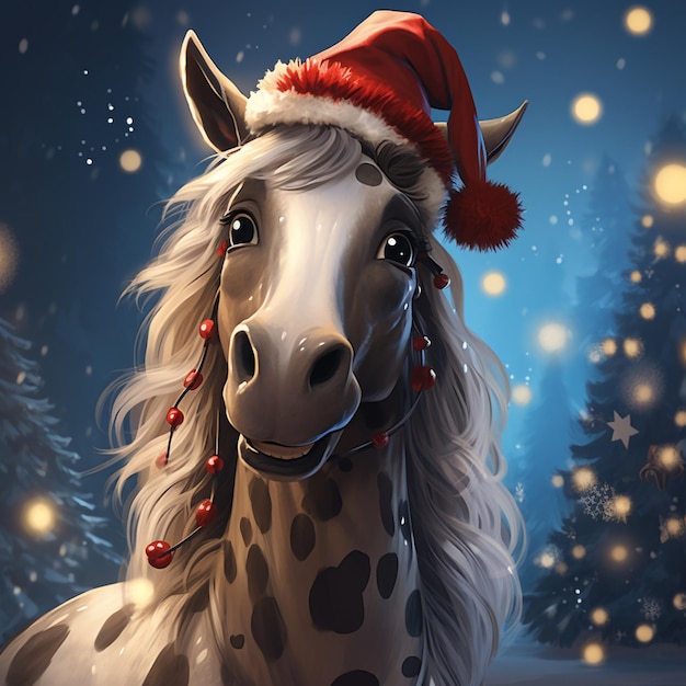 Há um cavalo com um chapéu de Papai Noel na neve.