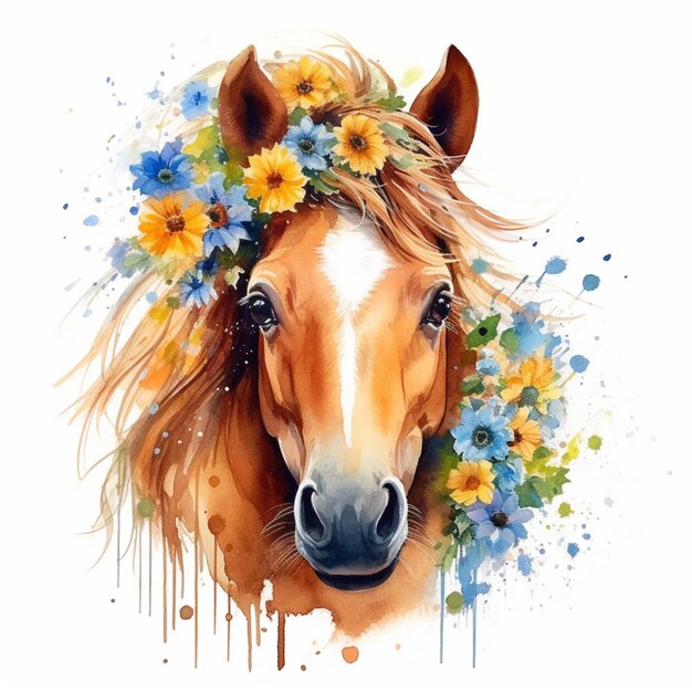 há um cavalo com uma coroa de flores na cabeça generativo ai