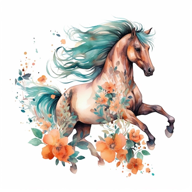 há um cavalo com uma crina azul e flores sobre ele generativo ai