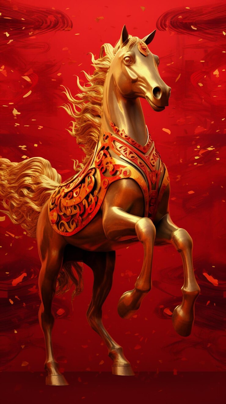 Foto há um cavalo dourado com fundo vermelho e folhas douradas generativas ai