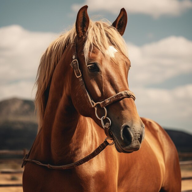 há um cavalo marrom parado em um campo com montanhas ao fundo IA generativa