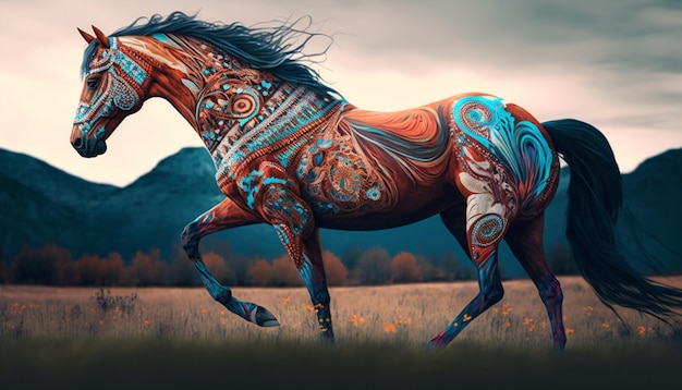 Há um cavalo que é pintado com um padrão sobre ele AI Generative
