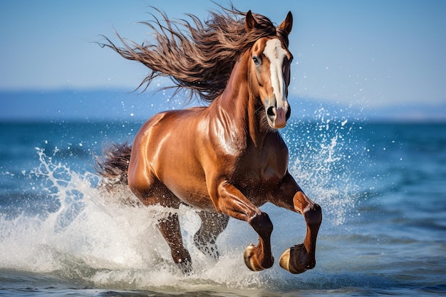 Há um cavalo que está correndo na água generativa ai