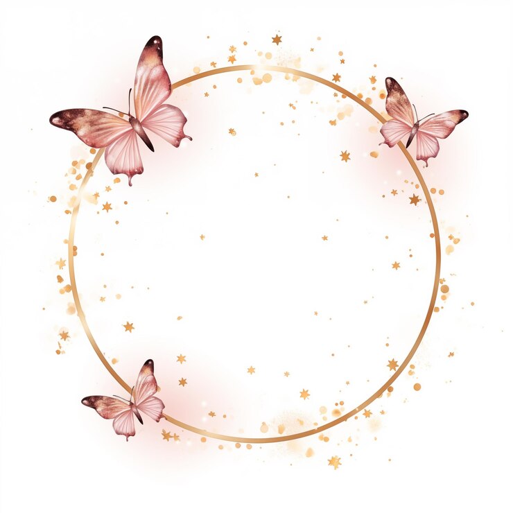 Foto há um círculo dourado com borboletas cor-de-rosa nele.