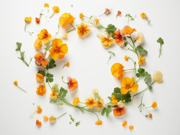 Há um círculo feito de flores e folhas em uma superfície branca generativa ai