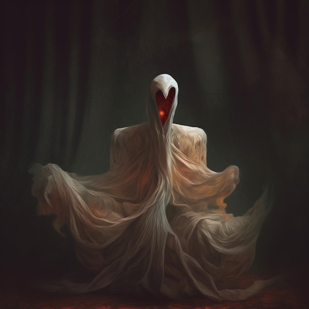 Foto há um cisne branco com um olho vermelho e um vestido longo e fluente.