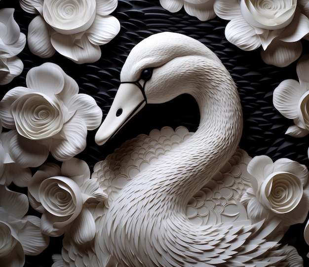 há um cisne branco que é cercado por flores brancas generativo ai