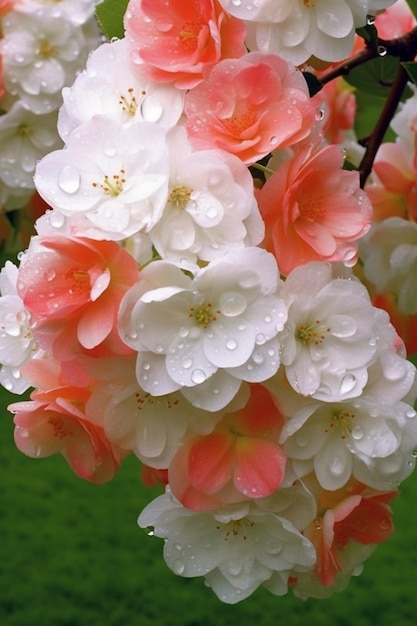 há um close de um ramo de flores com gotas de água generativas ai