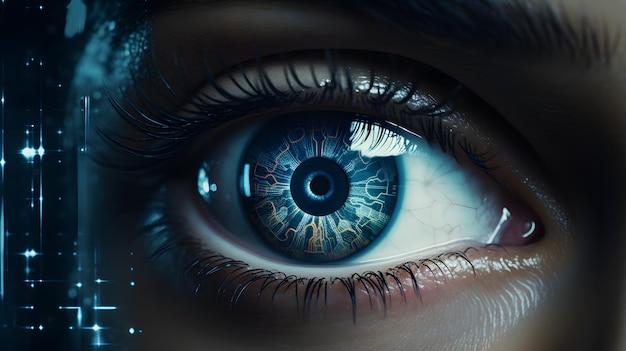há um close do olho de uma pessoa com uma íris azul Generative AI