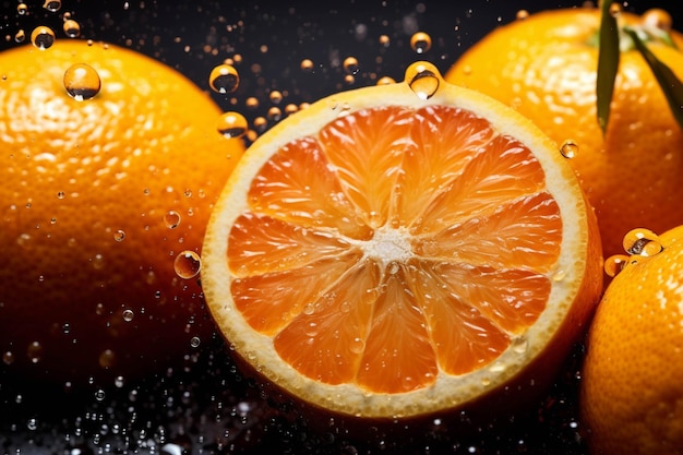 Há um close-up de metade de uma laranja com gotas de água generativa ai