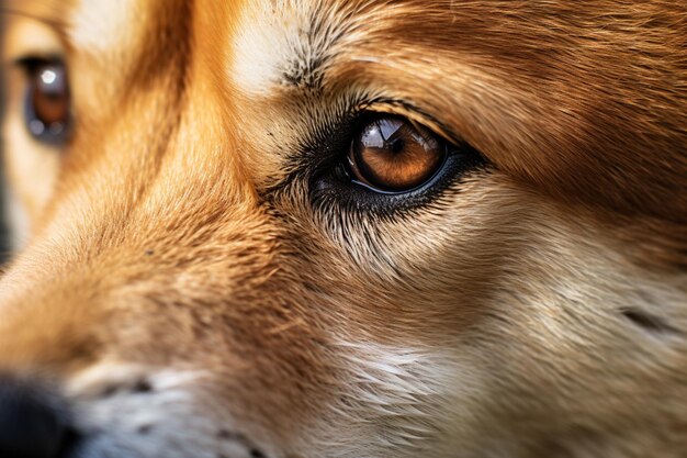 Há um close-up de um olho de cão com um fundo desfocado.