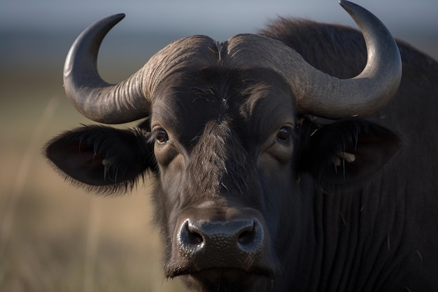 Há um close-up de um touro com grandes chifres generativos ai