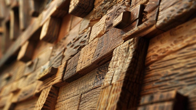 Há um close-up de uma parede de madeira com um monte de peças de madeira generativa ai