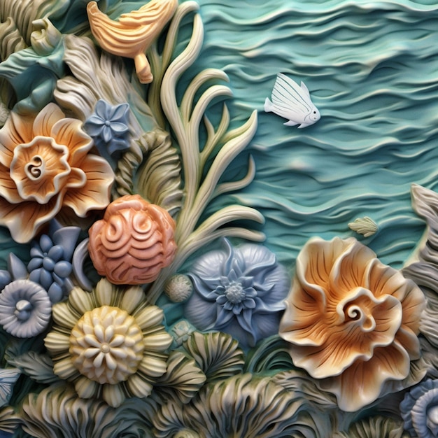 Há um close-up de uma parede decorativa com flores e pássaros generativos ai