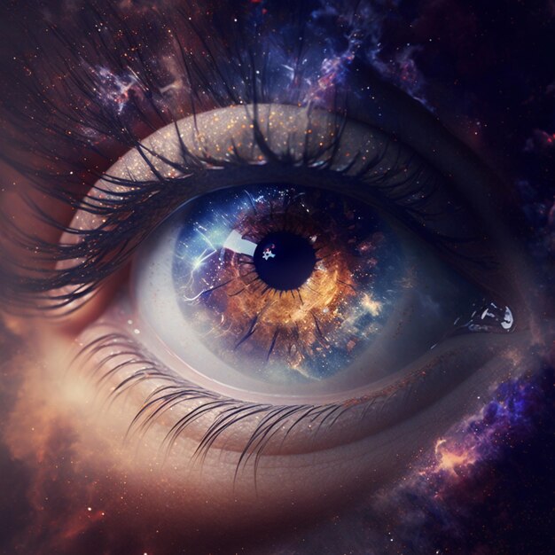 Há um close-up do olho de uma pessoa com uma galáxia no fundo.