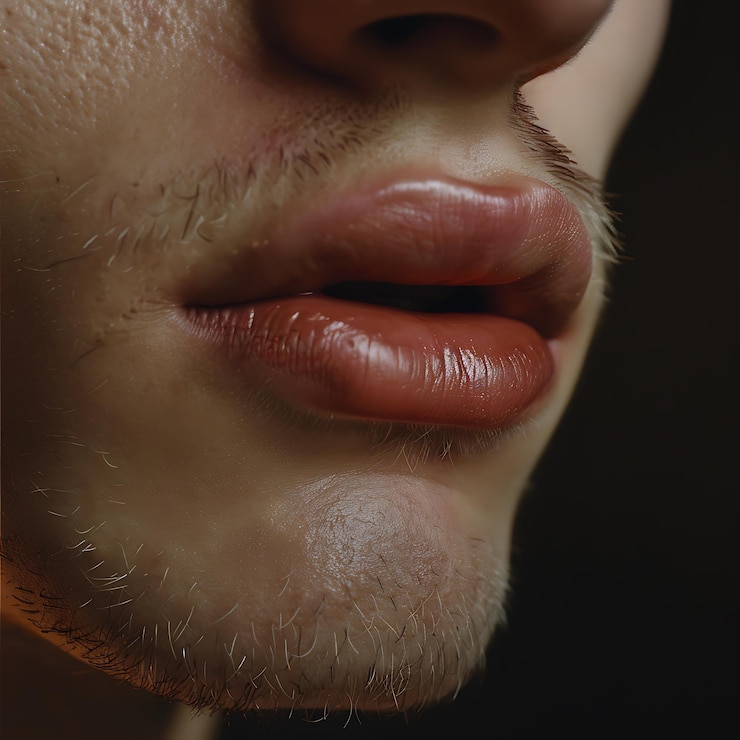 Foto há um close-up dos lábios de um homem com uma escova de dentes na boca