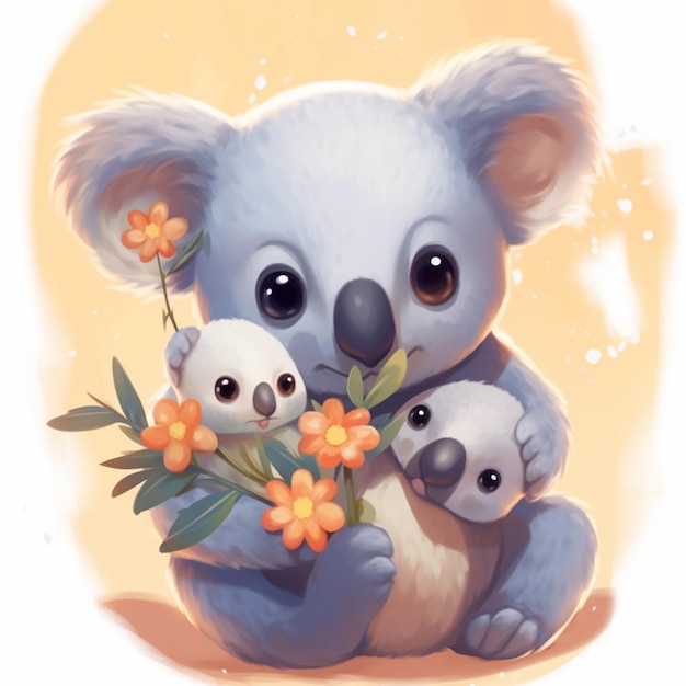Há um coala com seus dois bebês e uma flor generativa ai