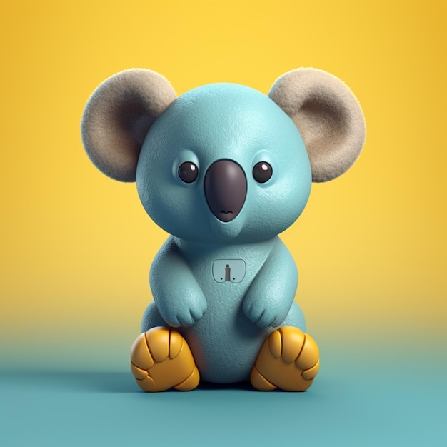 há um coala de brinquedo azul sentado sobre um fundo amarelo generativo ai