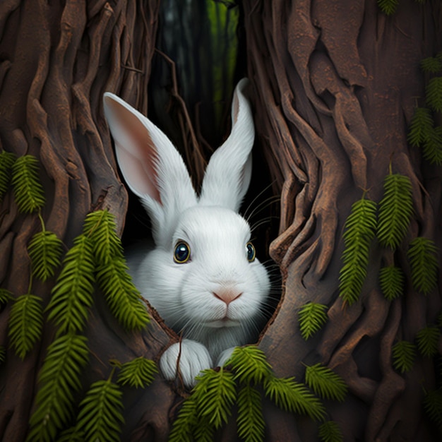 Há um coelho branco que está olhando para fora de um buraco generativo ai